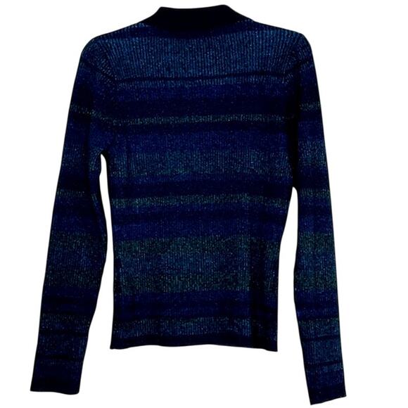 Intermix Sienna Ribbed Metallic Blue Green Striped Lurex Cardigan Collar Stretch - Picture 5 of 14